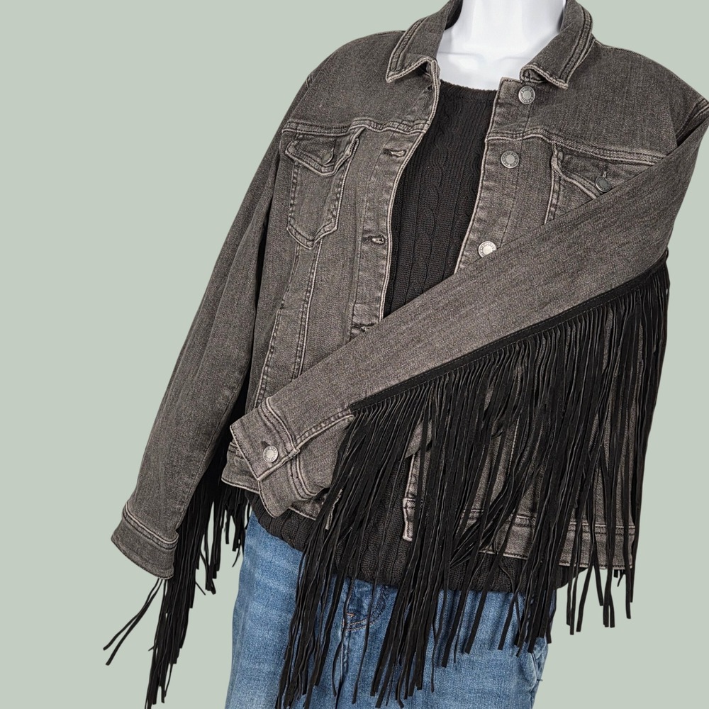 Judy Blue Women Large Western Fringe Denim Jacket Faded Wash Black Festival